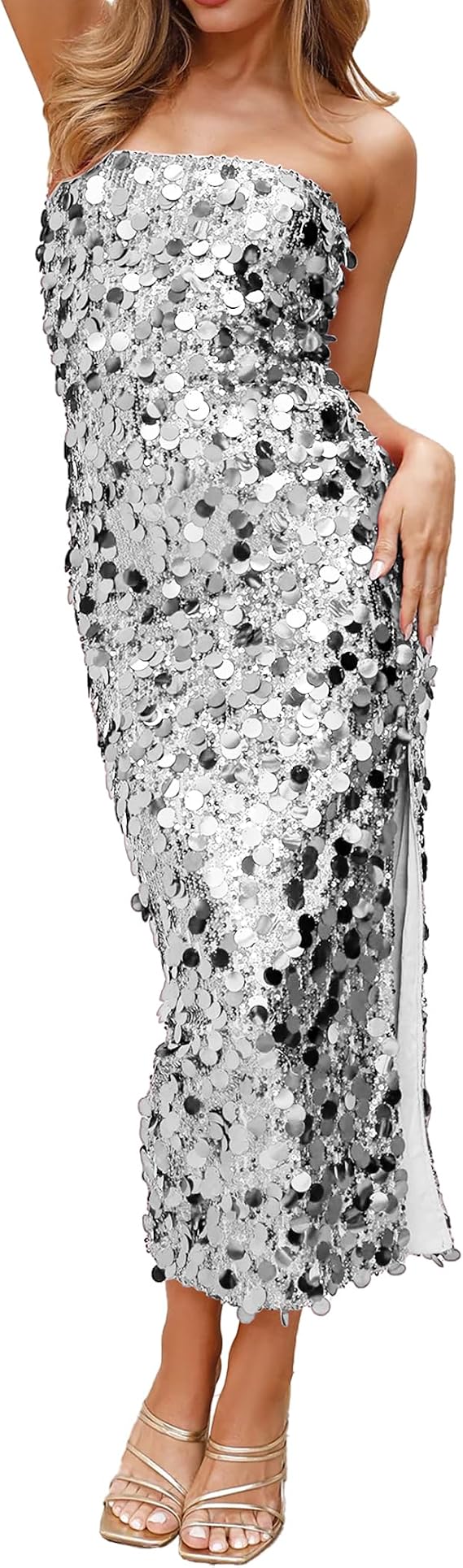 YYA Women's Midi Strapless Dress Sequin Strappy Bodycon Party Dress Sparkly Glitter Ruched Party Club Dress,S-XL