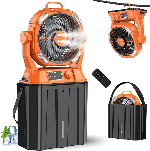 Misting Fan with Portable 6L Bucket for Outdoor Patios, 20000mAh Rechargeable Mister Fan for Camping with LED Light, 4 Spray Mister, Remote Controller