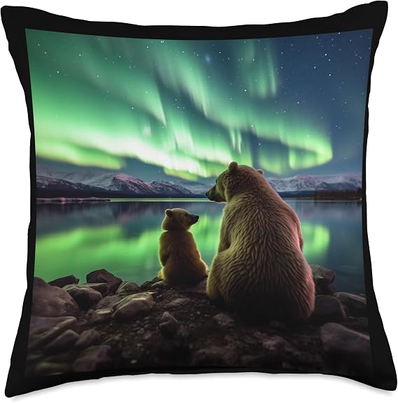 Alaska Northern Lights with Bears Vacay Camping Hiking Merch Throw Pillow