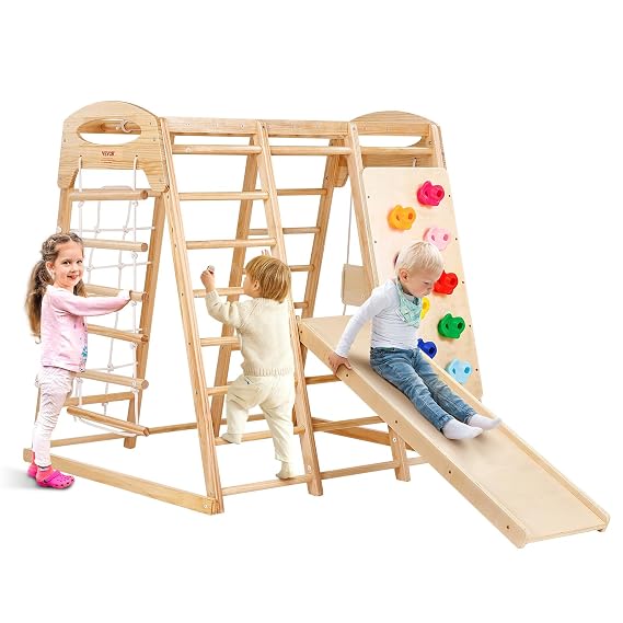 VEVOR Indoor Jungle Gym, 7-in-1 Toddler Indoor Playground, 47.2 x 58 x 56 inch, with Wood and Rope Ladder, Net Ladder, Swing, Monkey Bar, Slide, Climbing Wall, Wooden Indoor Climbing Toys for Kids