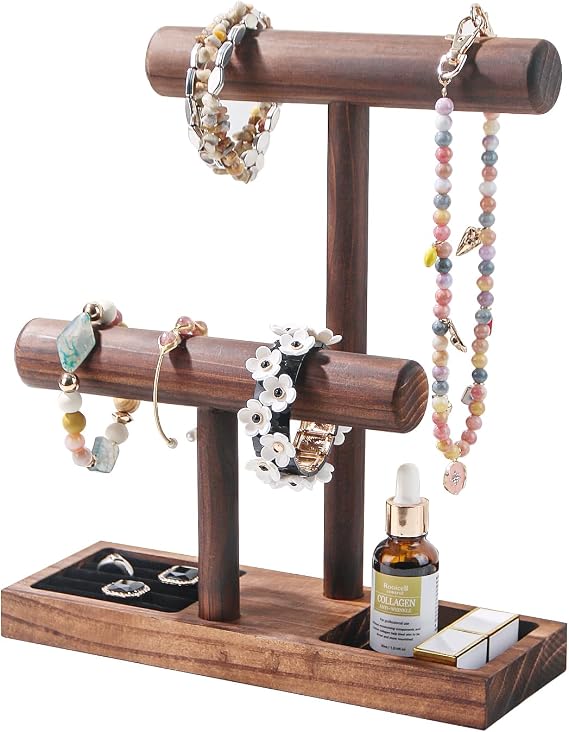Bracelet Holder, Bracelet Display Stand for Vendors, T-Bar Necklace Scrunchie Wooden Storage Rack, Bangle Watch Jewelry Display Tower (2 Tier)