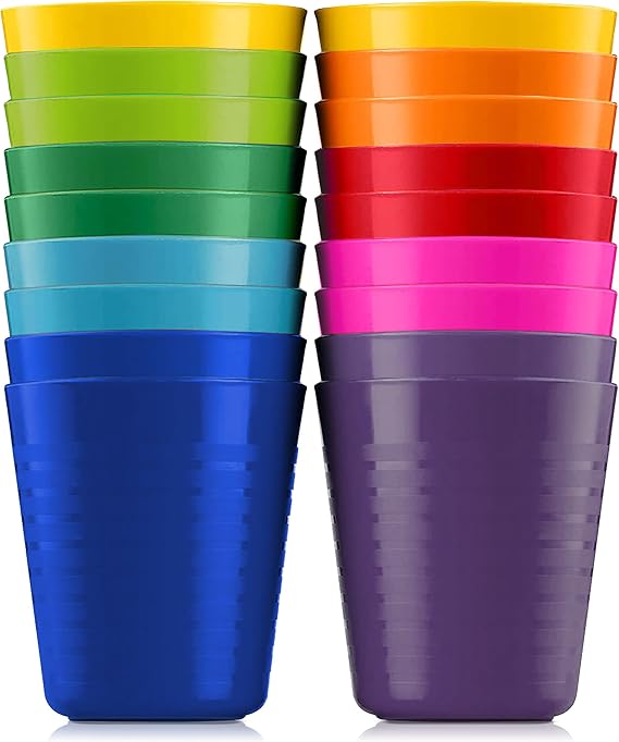 PLASKIDY Kids Cups - Set of 18 Plastic Toddler Drinking Cups, 8 Ounce Tumblers in 9 Assorted Colors - Reusable, Dishwasher Safe, BPA Free for Kids and Toddlers