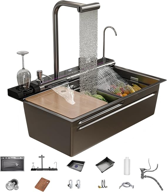 Dual Waterfall Kitchen Sink,Modern Kitchen Sink with Soap Dispenser,Stainless Steel Digital Smart Sinks with Pull-Out Faucet Single Bowl Workstation Sinks with Honeycomb (80 x 46 CM)