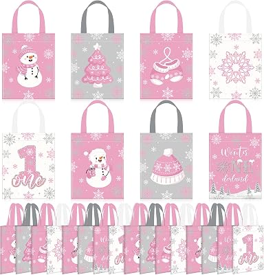 Photect 32 Pcs Winter Onederland Party Favor Bags Non Woven Snowflake 1st Birthday Candy Treat Goodie Bags with Handles for Winter Wonderland Baby Shower Birthday Party Gifts SuppliesPink