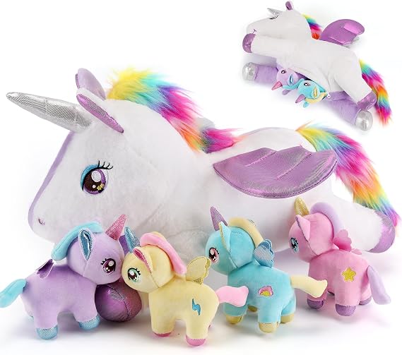 gnomantic Unicorn Stuffed Animals with Babies Inside, Mommy Toy for Kids | 5-Piece set: 1 mommy unicorn + 4 baby unicorns inside. Unzip belly to reveal surprise babies. Ultra-soft, ages 3-8.