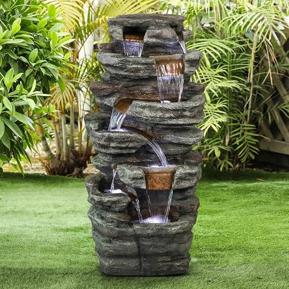 Hamiedun 48H 7-Tier Cascading Rock Outdoor Garden Water Fountain Decor, Outdoor Resin Fountain with LED Light for Garden, Floor Patio, Deck, Porch, Backyard and Home Art Decor Dark Grey