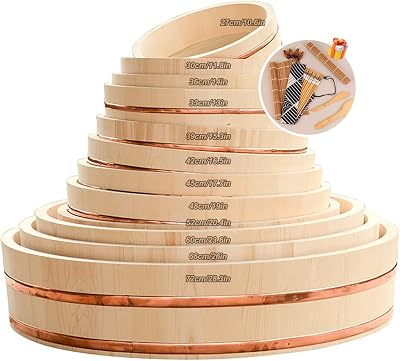Wooden Sushi Rice Bowl Container Japanese Wooden Hangiri Sushi Rice Mixing Bowl Tub with Copper Bands for Restaurant Home,12 Sizes,Free sushi tools,66cm26in