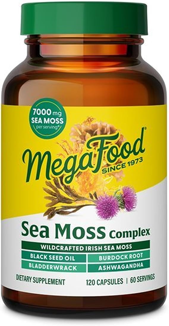 MegaFood Sea Moss Complex, Irish Sea Moss with Black Seed, 120 Capsules | Sea Moss Capsules with Irish Sea Moss 7000mg, Black Seed Oil, Burdock Root, Bladderwrack, Ashwagandha, Vegan, 60 Servings