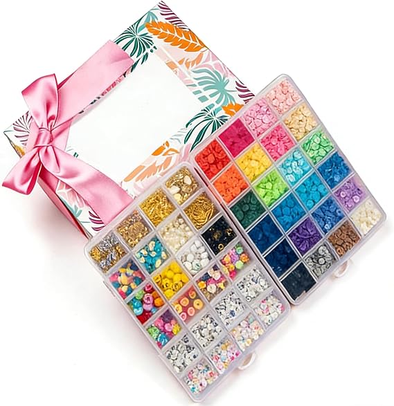 Bracelet Making Kit with 6525 Pcs, Charm & Friendship Bracelet Making Kit for for Girls Teens Adults, Includes Letters Beads & Smiley Beads, Polymer Clay Beads Jewelry Making Kit with 2 Storage Boxes