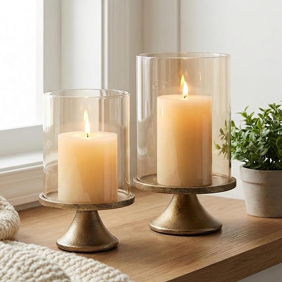 Set of 2 Hurricane Candle Holder Set with Glass Dome & Iron Base
