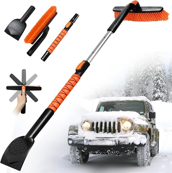 [Upgrade] 45" Extendable Snow Brush for Car Windshield, Military-Grade Sturdy Large Ice Scraper, 360 Pivoting Brush Head with Silicone Grip for Truck, SUV, Auto