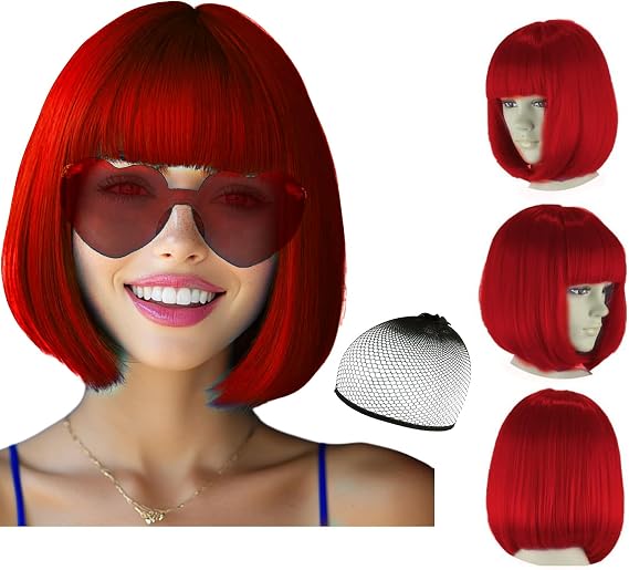 Party Wigs Wig Cap and Sunglass Set,Short Bob Hair Wigs Straight with Flat Bangs Synthetic Colorful Cosplay Daily Party Neon Wig for Women (Red)
