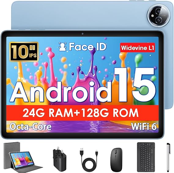 Tablet 10 Inch, Android 15 Tablets with Case, Mouse & Keyboard, Octa-Core, 24GB RAM+128GB ROM+1TB Expand, 1280 x 800 HD IPS Display, Dual Camera, 6000mAh, WiFi 6, BT 5.0, Widevine L1, GPS (Blue)