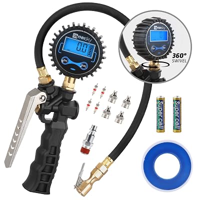WYNNsky Tire Inflator with Digital Pressure Gauge, 0-200PSI, Brass Lock-On Air Chuck, 23 Inch Compressor Hose, Valve Core and Slotted Slot Valve Cap, Seal Tape