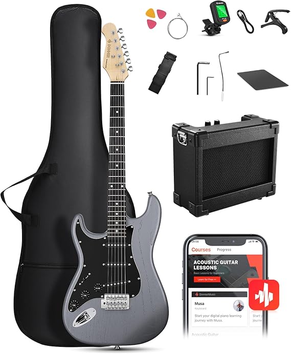 DONNER DST-80 Left-Handed Electric Guitar 39” Beginner Electric Guitar Kit with Amp, Classic SSS Pickup Complete with Gig Bag, Tuner, Capo, Strap, Picks, and Free Online Lessons, Matte Black