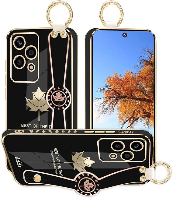 Phone Case for Honor 200 Lite with Wrist Strap Stand & Finger Ring, Cute Aesthetic Slim Silicone Shockproof Protective Cover for Women Girls (Black)