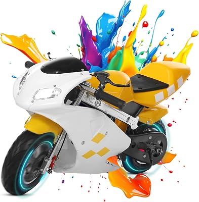 hatleues Kids Motorcycle Ride On Toy, Mini Motorcycle for Kids 3-5, Gas Pocket Motorbike with Strong Dual Brake, Racing Max Speed 20Mph, Dual Headlights White & Yellow