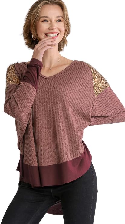 Umgee Dolman Long Sleeve Waffle Knit Top with Sequin Shoulder Detail and High Low Hem