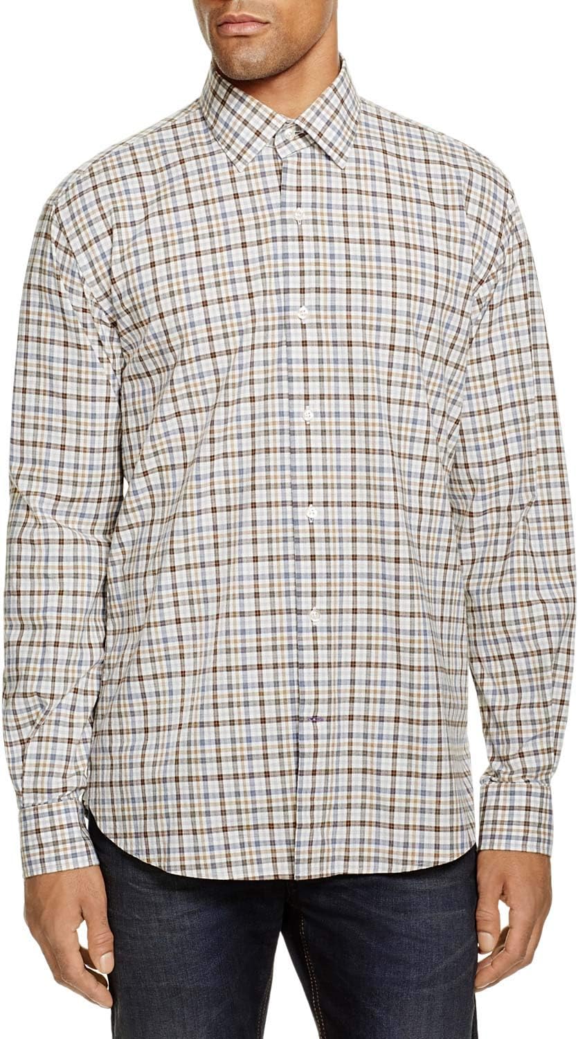 Bloomingdales Mens Regular Cotton Shirts Large L Olive Brown & Blue