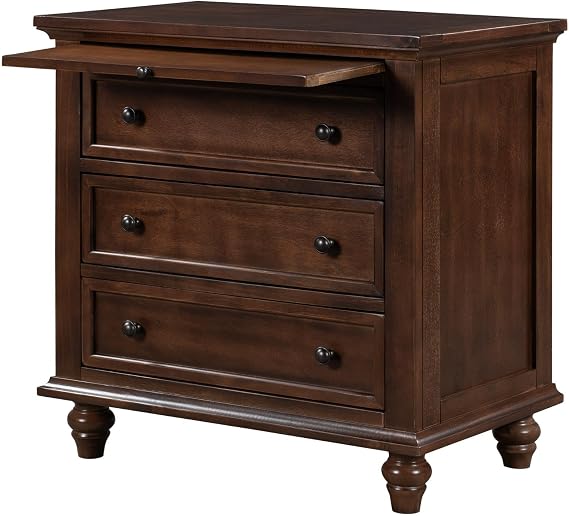 Solid Wood Bedside Table with Pull-Out Tray, Versatile Nightstand with 3 Drawers, Easy Assembly, Brown