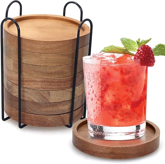 Acacia Wood Coasters Set of 8 Bar Accessories Table Decor Wooden Coaster
