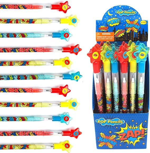 TINYMILLS 24 Pcs Superhero Stackable Pencils with Erasers, Multi Point Pencil Assortment for Kids, Superhero Party Favors, Classroom Rewards, Treasure Box Prizes, Carnival Prizes, Goody Bag Fillers