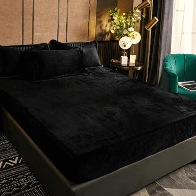 1 Pack Black Crystal Velvet Fitted Sheet King with 16 Elastic Deep Pocket, Ultra Soft Fluffy Double Fitted Bottom Sheet Only, Warm Fuzzy Flannel Mattress Protector for Fall Winter Spring