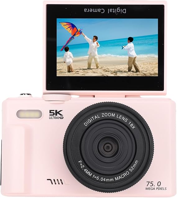 5K Digital Camera, 75MP Camera for Photos with 18x Optical Zoom and Autofocus, WiFi Camcorder for YouTube, 3" 180° Flip HD Screen, Built in Flash