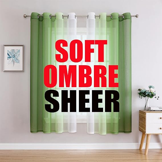 G2000 Sheer Green and White Ombre Curtains - 63 Inch Length, 2 Panel Set for Bedroom & Living Room Windows, Light Filtering, Grommet Curtains for Patio Sliding Glass Doors