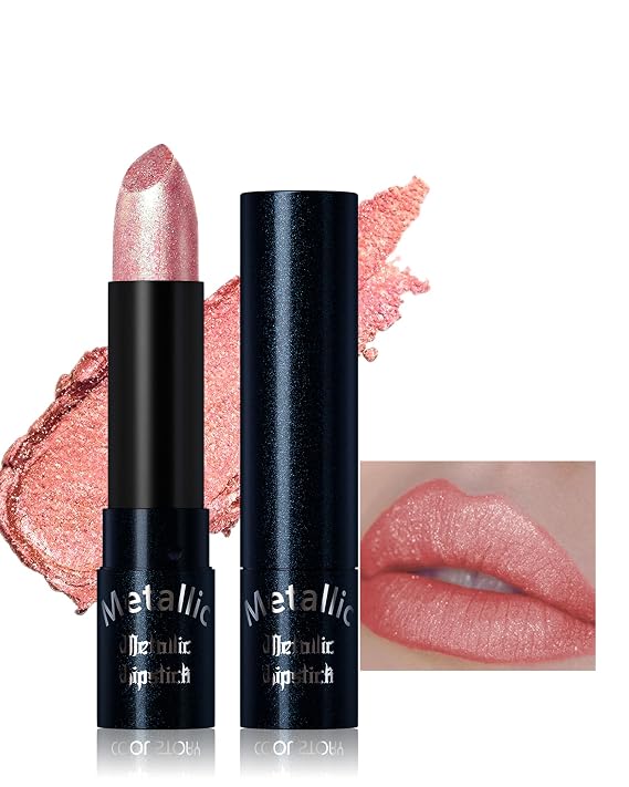 Glitter Peach Pink Metallic Lipstick for Women,Long Lasting Shimmer Sparkling Diamond Lipstick Glitter High Pigmented Lip Gloss Metallic Matte Red Lip Color Stain Waterproof,Non Stick Lips Makeup-02