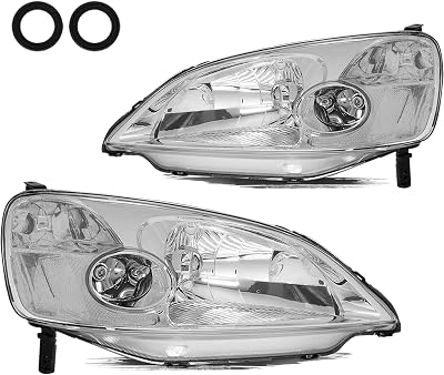 Aosky Headlight Assembly Set Compatible with [Halogen Type] 2001 2002 2003 Honda Civic CoupeSedan OE Style Headlamp Chrome Housing with Clear Reflector, LeftRight