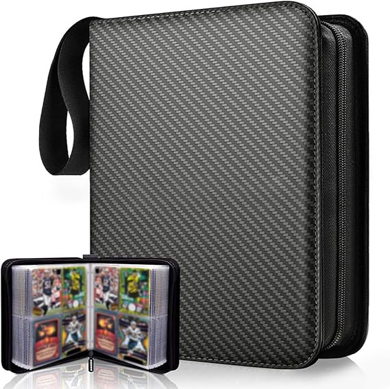4-Pocket Trading Card Binder, 400 Pocket Cards Binder with Zip, Durable PU Album Material, 50 Top-Loading Pages Folder, Refillable Ring Binder for Collectible Games, MTG, Football, Sports (Black)