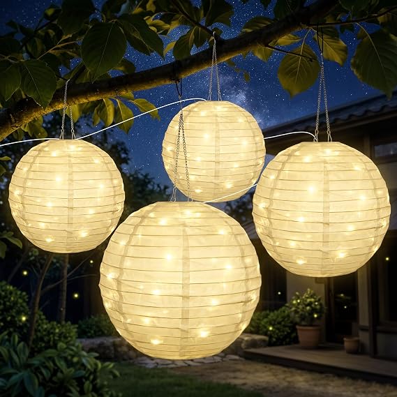 4 Pack Solar Lanterns Outdoor Garden, Upgraded 30cm 160LED Hanging Solar Lantern for Outside with 8 Modes, USB Charging & IP65 Waterproof, Garden Decorative Lamps for Patio Pathway,Warmwhite [Energy Class A+]