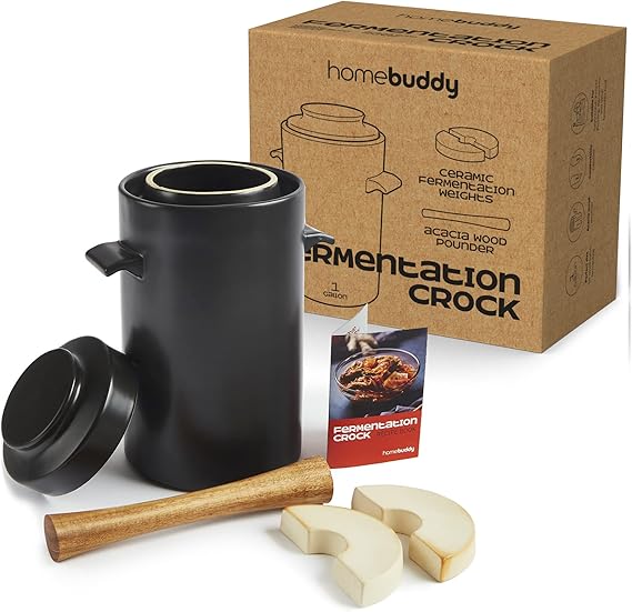 HomeBuddy Fermentation Crock (1 Gallon) with Weights, Acacia Wood Pounder and Recipie Book - Sauerkraut Fermentation Kit, Onggi Kimchi Jar, Fermenting Crock for Pickling or Sourdough