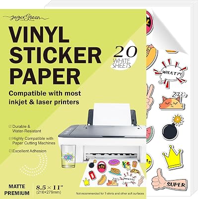 Printable Vinyl Sticker Paper for Inkjet & Laser Printers, 20 Sheets 8.5x11 Inch White Matte Sticker Paper Waterproof for Custom Stickers, Labels, Decals, Crafts
