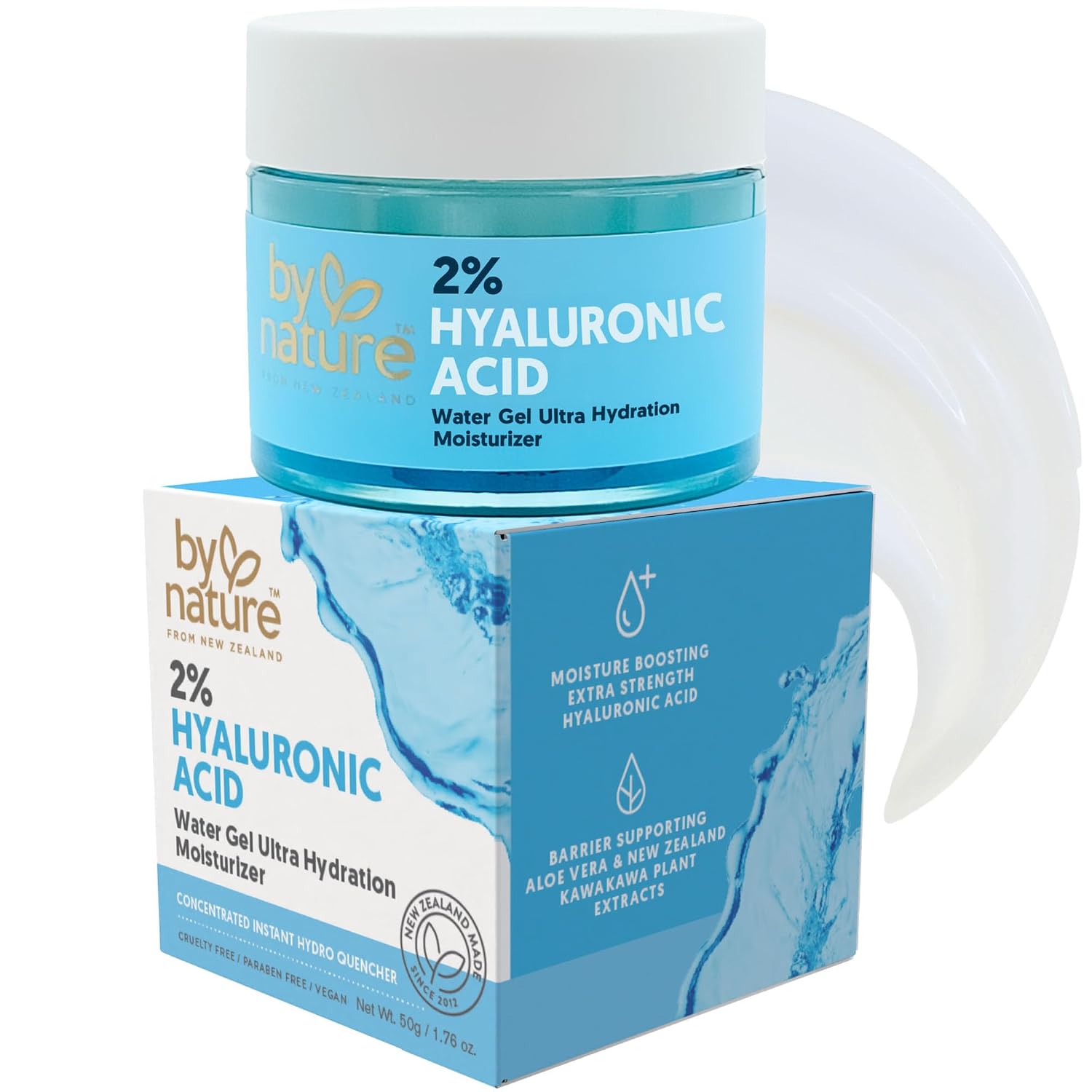 By Nature 2% Hyaluronic Acid Water Gel Moisturizer – Lightweight Ultra Hydrating Face Cream for Sensitive, Dry, Oily & Combination Skin with Aloe Vera, Prickly Pear & Kawakawa Extract – 1.76 oz