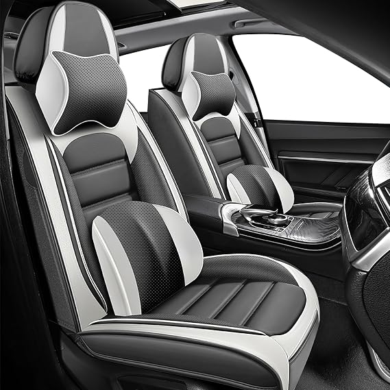 ILMO Truck Seat Covers Fit for 2007-2026 Chevy Silverado 1500, Durable Leather Seat Covers, Compatible Airbag&Wear-Resistant Seats Cover(Gray&White, Luxury Front Set)