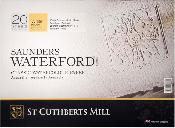 St. Cuthberts Mill Saunders Watercolor Paper Block - 14x10-inch White 100% Cotton - 20 Sheets of 140lb Rough for Gouache Ink Acrylic Charcoal and More