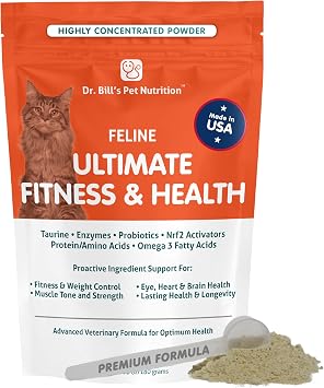 Dr. Bills Feline Ultimate Fitness & Health | Cat Multivitamin Powder - Daily Supplement | Weight Control, Joint, Brain, Heart & Immune Support | Omega 3s, Collagen, B Vitamins, Taurine, Amino Acids