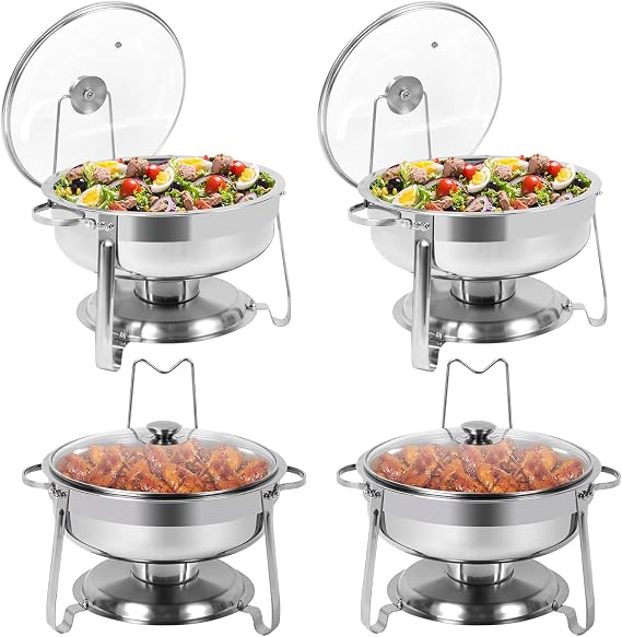 4 Packs Chafing Dish Buffet Set, 4 QT Stainless Steel Round Chafing Dishes with Glass Lid & Lid Holder, Catering Food Warmers for Parties Buffet Weddings Events