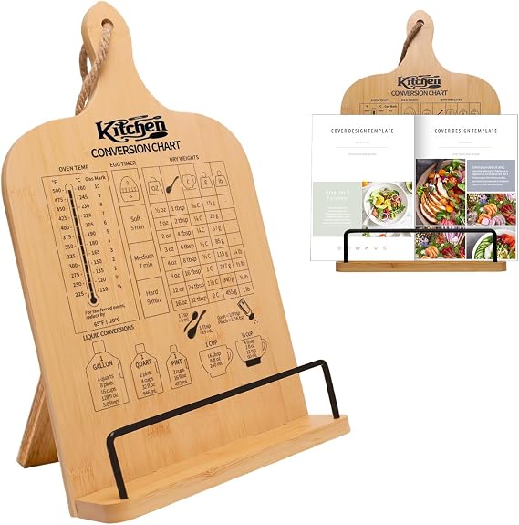Cookbook Stand for Kitchen Counter, Bamboo Cookbook Holder, Foldable Cook Book Holder, Adjustable Recipe Book Stand, Cook Book Stand with Measurement Conversion Chart