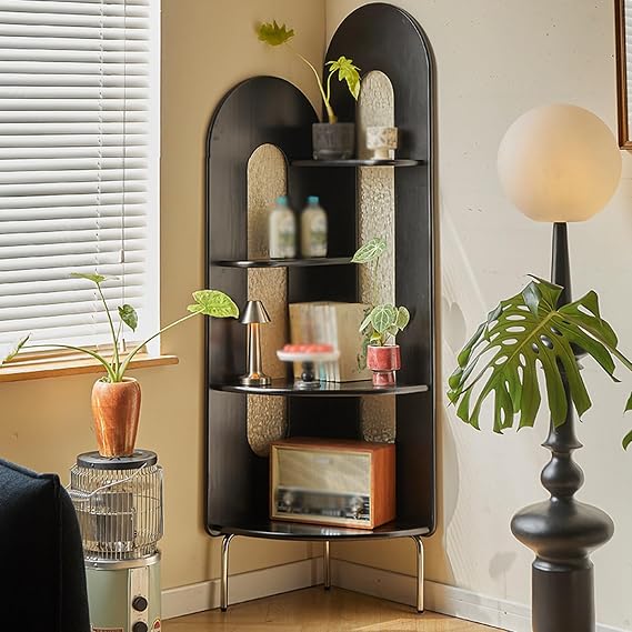 4-Tier Corner Standing Storage Bookshelf with Metal Legs Modern Freestanding Triangular Open Display Storage Narrow Bookcase for Living Room, Kitchen, Home Office(A)