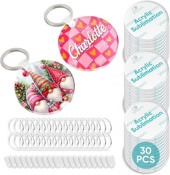 YOPPIX 90 Pcs Sublimation Acrylic Keychain Blank kit, with 30 Fixing Clips and 30 Key Rings for Heat Transfer Keychain Bag Decor Pet Necklace Christmas Tree Decor, Home Gift Crafts Supplies