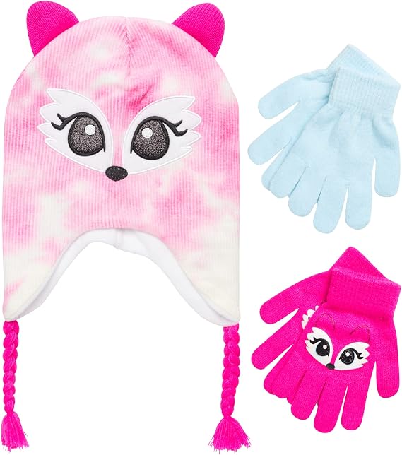 ABG Accessories Girls Critter Winter Hat and 2 Pair Gloves or Mittens (Toddler/Little Girls), Size Age 4-7, Kitty Pink Cloud Gloves