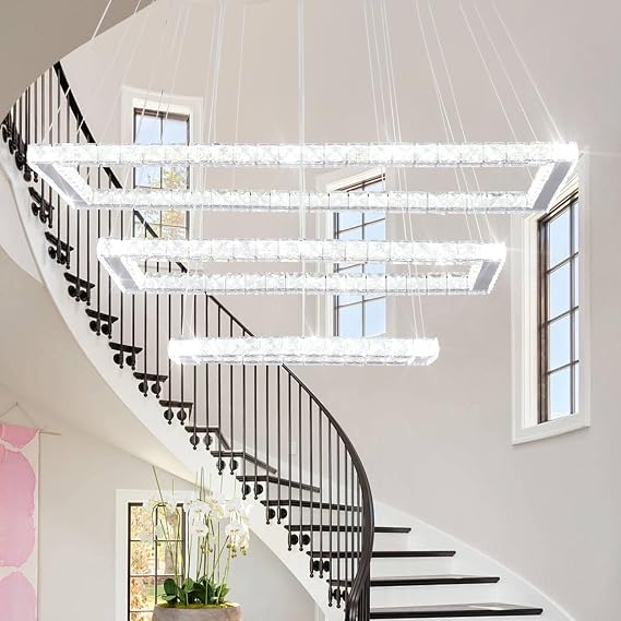 Finktonglan 31.4 inch Modern Crystal Chandelier, 3 Rectangular LED Rings Chandeliers Pendant Ceiling Light for Dining Room Kitchen Island Stair Well (6000K Cool White) | K9 Crystal and Stainless Steel, 11.8-47.2-Inch Adjustable Height, Fixed 6000K Cool White for Kitchen Island and Dining Room