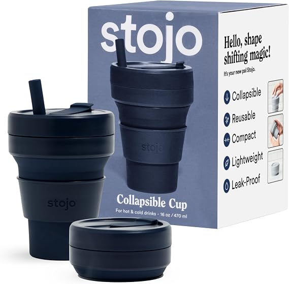 STOJO Collapsible Travel Cup - Reusable To-Go Pocket Size Silicone Bottle for Hot and Cold Drinks - Perfect for Camping - Microwave & Dishwasher Safe (Denim Blue, 16, ounces)