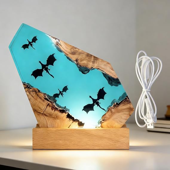 Dragon Epoxy Resin Wood Lamp,Artistic Home Decor Nightlight,Unique 3D Resin Lighting,Bedroom Nightstand,Accent Versatile Ambient Illumination