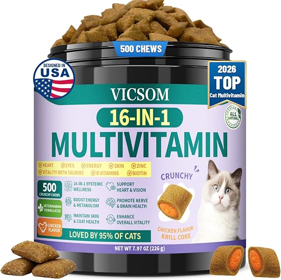 VICSOM Taurine for Cats & Cat Vitamins, 500 Crunchy Krill Chews | 16-In-1 Taurine, Biotin And Zinc Formula Supports Heart, Vision, Immunity, Digestion, Skin And Coat; Chicken-Krill Flavour.