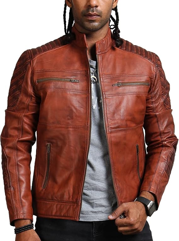 Mens Brown Leather Motorcycle Jackets - Cafe Racer Slim Fit Leather Biker Jacket Men