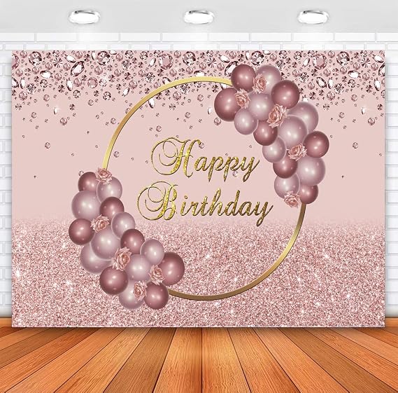 Sensfun Rose Gold Birthday Backdrop 7x5ft Glitter Sparkle Balloon Girls Women Happy Birthday Banner Background Women 30th 40th 50th 60th Birthday Party Decorations Photoshoot Backdrops